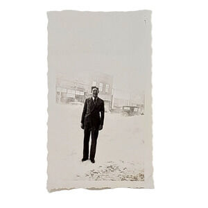 Vtg B&W Photo 1942 Found Handsome Man Posing In Snow Scene Wonderland Snapshot